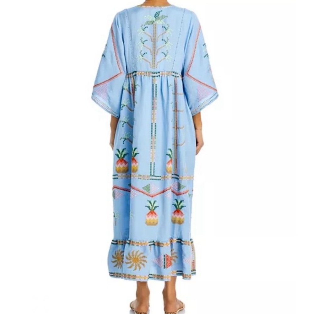 NEW FARM Rio Embroidered Pineapple Maxi Dress Beaded Tassel Linen Blue Size M - Picture 11 of 16